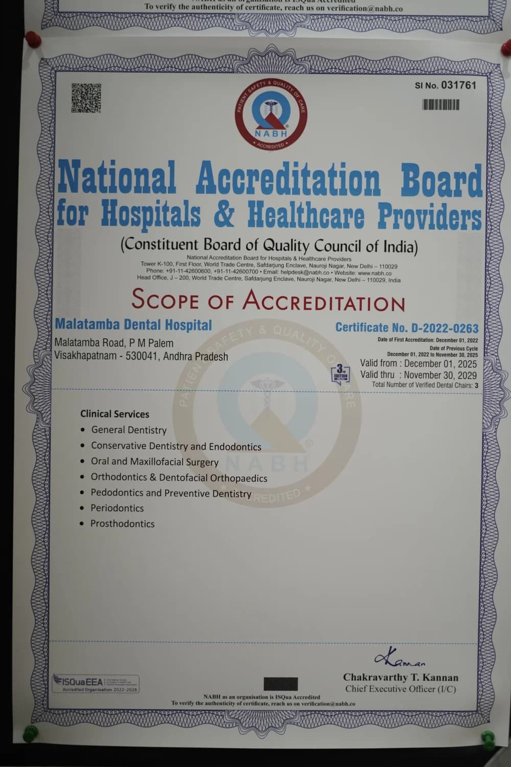 Malatamba Dental Hospital NABH accreditation certificate